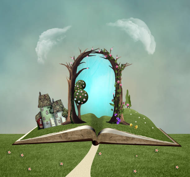 An open book with a surreal green countryside landscape – 3D render